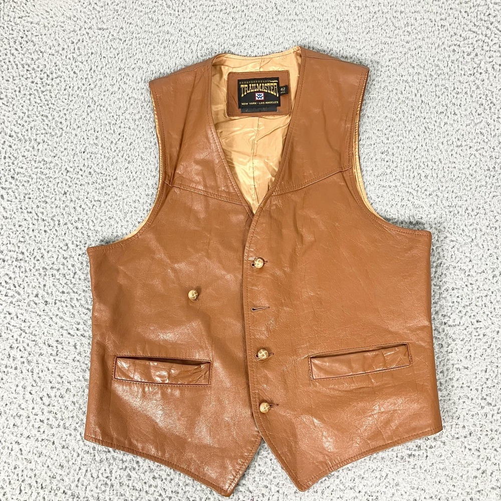 Vintage Trailmaster Vest Mens 42 Brown Leather Western‎ Cowboy 611 A 90s